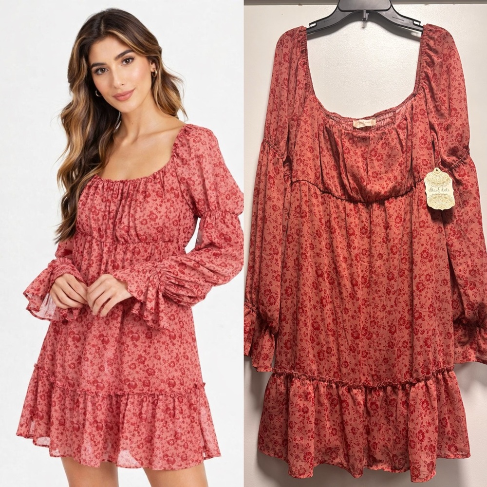 NWT Altar'd State Rose Pink Red Floral Valentines Long Sleeve Chiffon Dress M